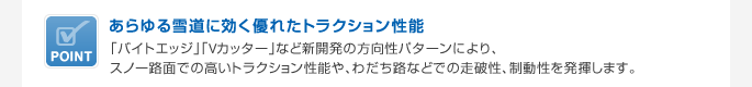 あらゆる雪道に効く優れたトラクション性能　「バイトエッジ」「Vカッター」など新開発の方向性パターンにより、スノー路面での高いトラクション性能や、わだち路などでの走破性、制動性を発揮します。
