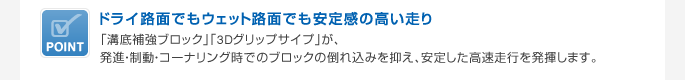 ドライ路面でもウェット路面でも安定感の高い走り　「溝底補強ブロック」「3Dグリップサイプ」が、発進・制動・コーナリング時でのブロックの倒れ込みを抑え、安定した高速走行を発揮します。